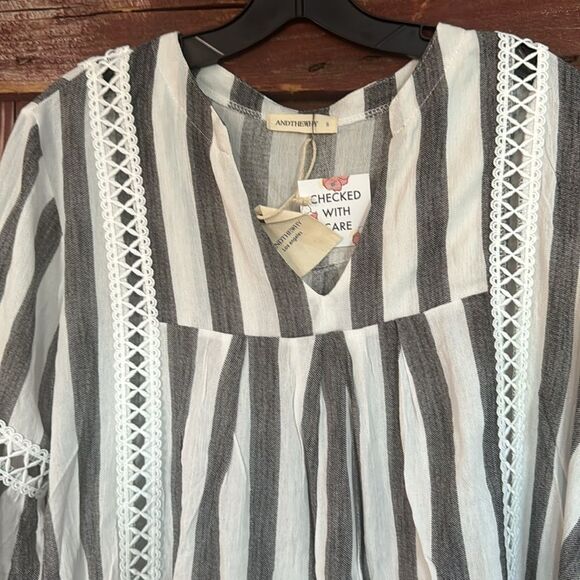 ANDTHEWHY black/white stripe open lace accent bishop sleeve flowy boho top. NWT. - Picture 5 of 13